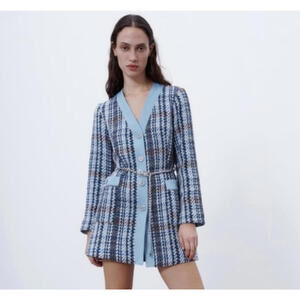 Zara Women's Blue and Brown Plaid Tweed Jacket